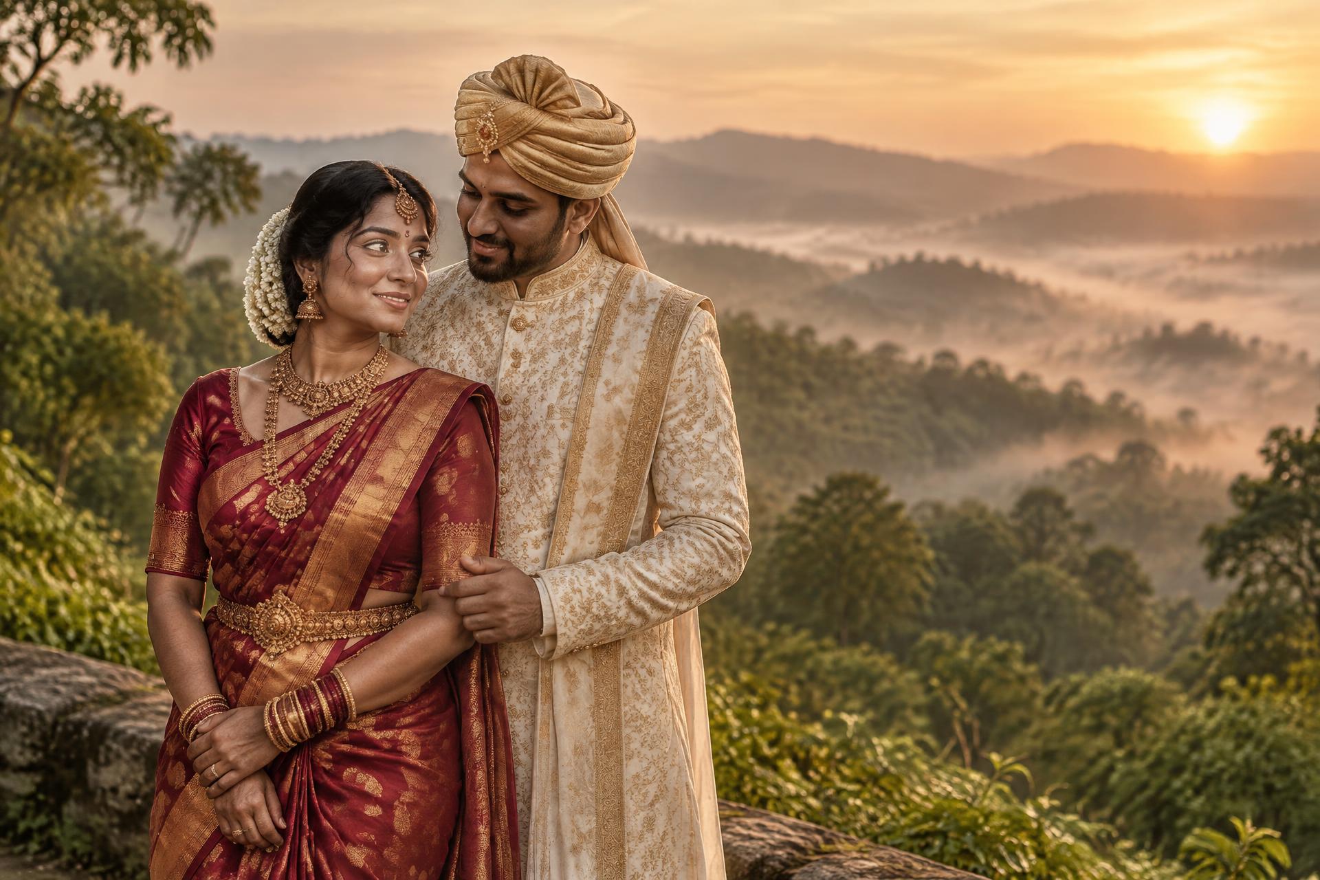 Rithika and Aswin in traditional Indian wedding attire on a forested hillside